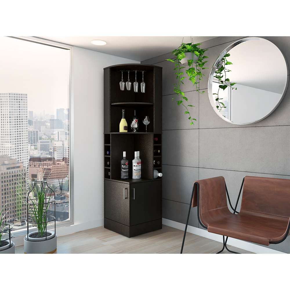 Bar Esquinero Syrah Wengue 46.9x180.6cm con Un Cajón y con Ocho Portabotellas - Bares | Bylmo