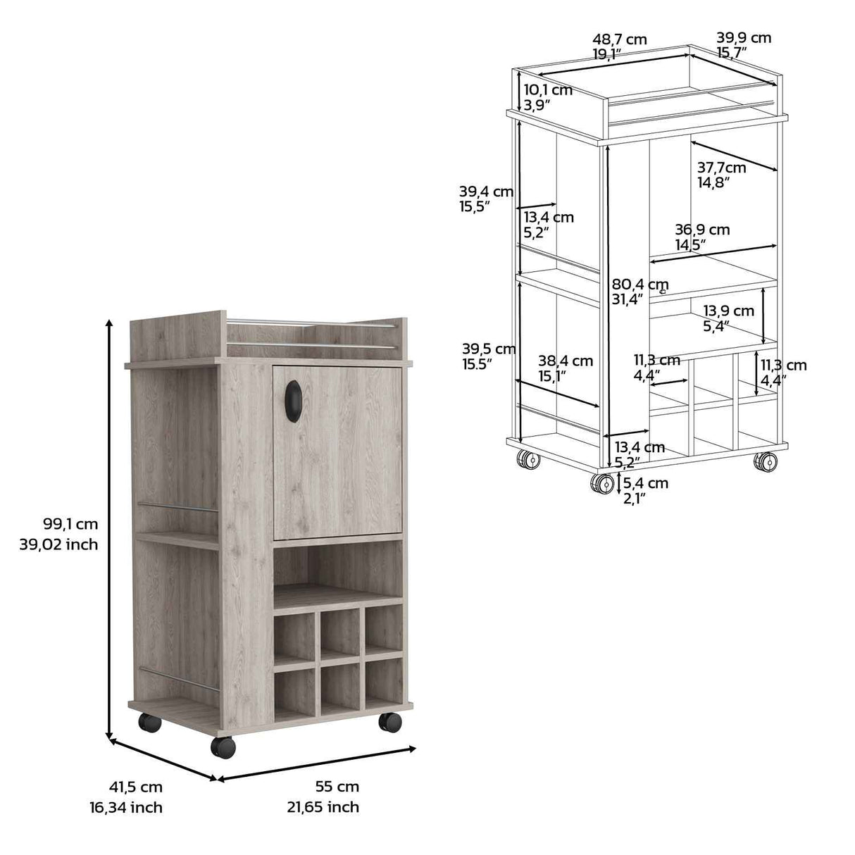 Bar Fargo Ceniza 55x99cm con Un Cajón y con Seis Portabotellas - Bares | Bylmo