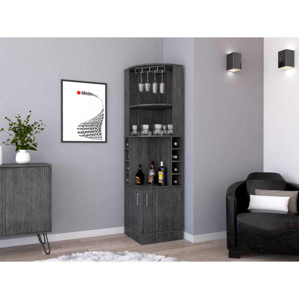 Bar Esquinero Esquinero Syrah Roble Gris 46.9x180.6cm con Un Cajón y con Ocho Portabotellas - Bares | Bylmo