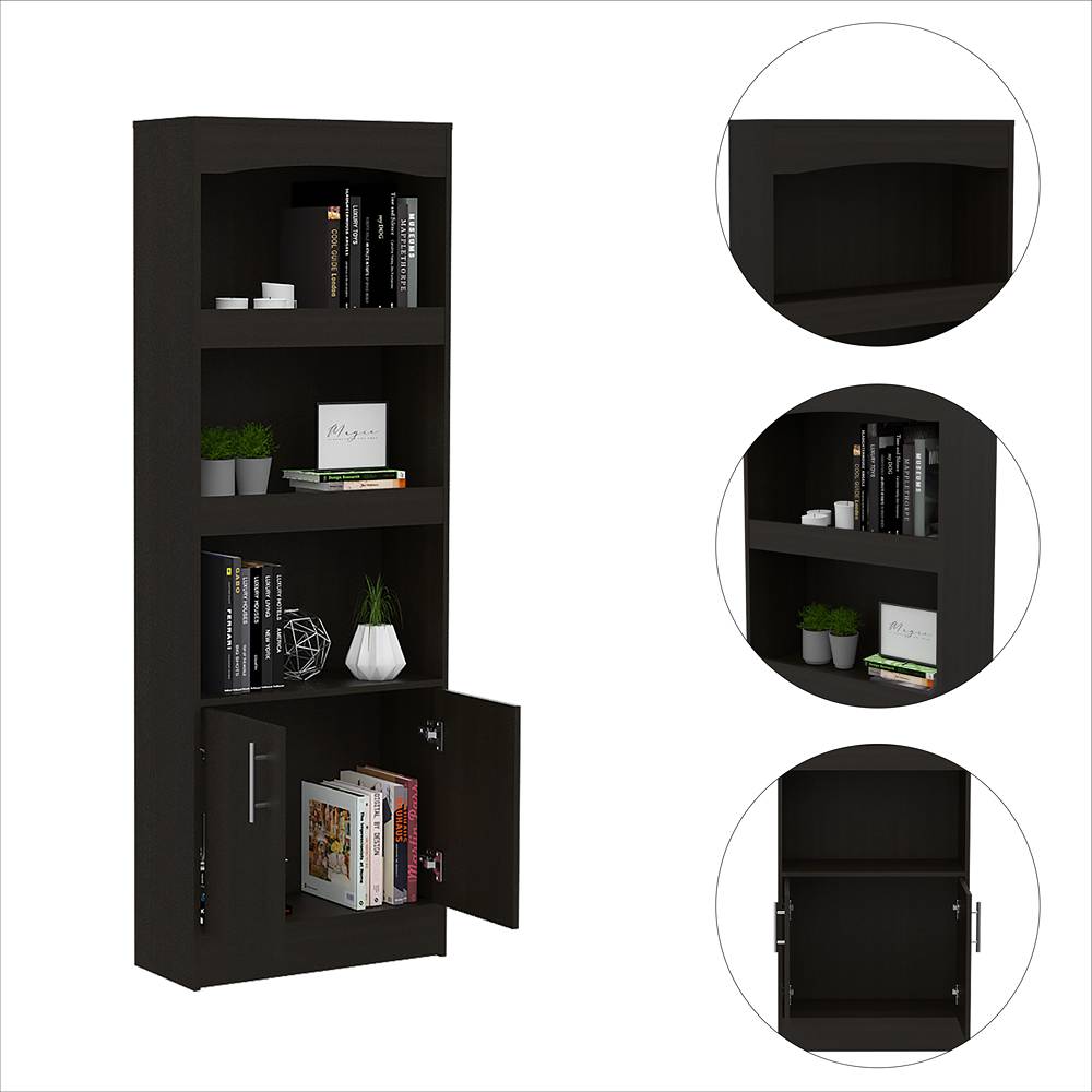 Biblioteca Simma Wengue 63.2x180.6cm con Tres Compartimientos y con Un Cajón - Bibliotecas | Bylmo