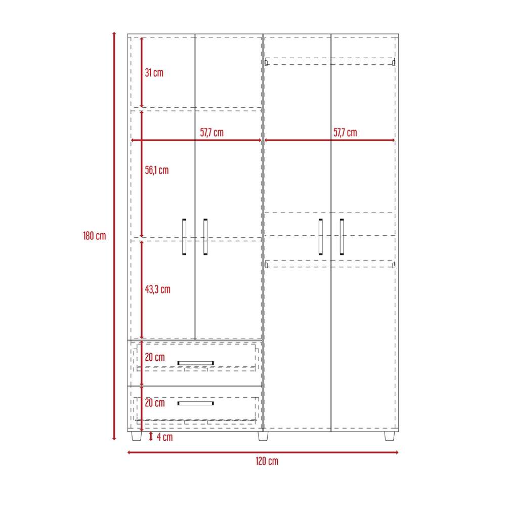 Closet Ankora Macadamia 120 cm con Cuatro Puertas y Dos Cajones - Closets | Bylmo