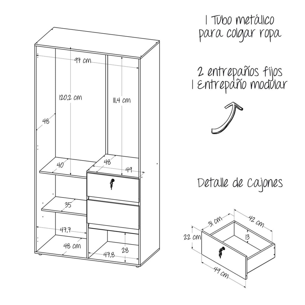 Closet Aquiles Wengue 100x198cm con 2 Cajones con 2 Entrepaños - Closets | Bylmo