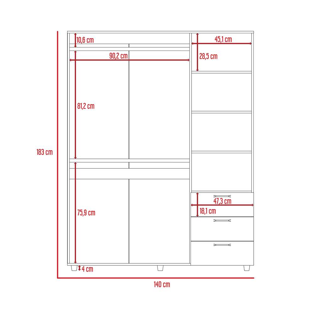Closet Arizona Bellota 140x183cm con 3 Cajones con 3 Entrepaños - Closets | Bylmo