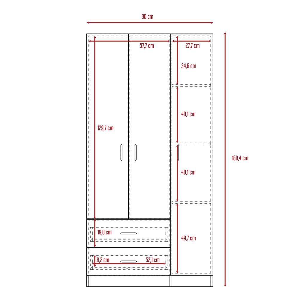 Closet Austral Bellota 90x180cm con 2 Cajones con 3 Entrepaños - Closets | Bylmo