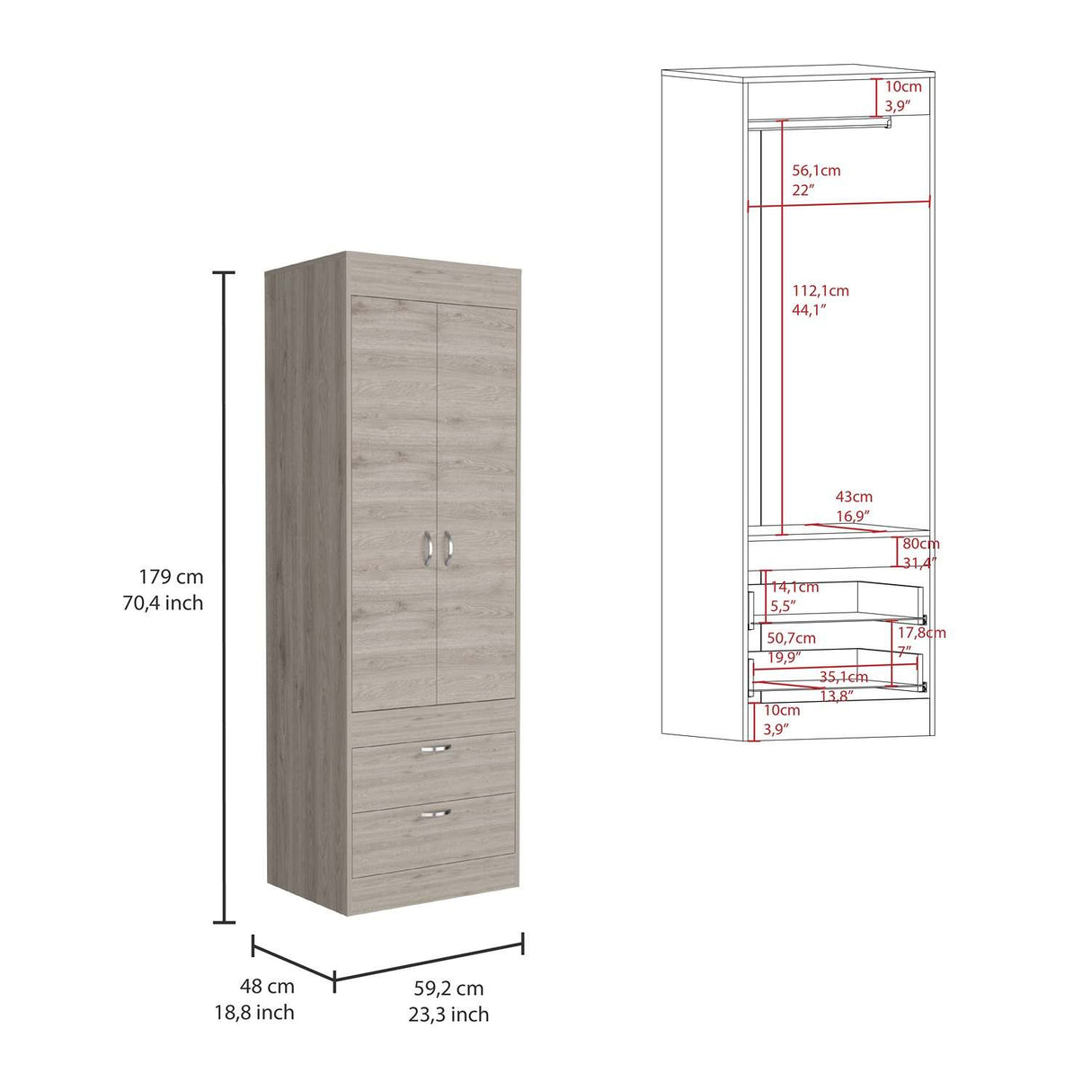Closet Lisboa Ceniza 59x179cm con 2 Cajones sin Entrepaños - Closets | Bylmo