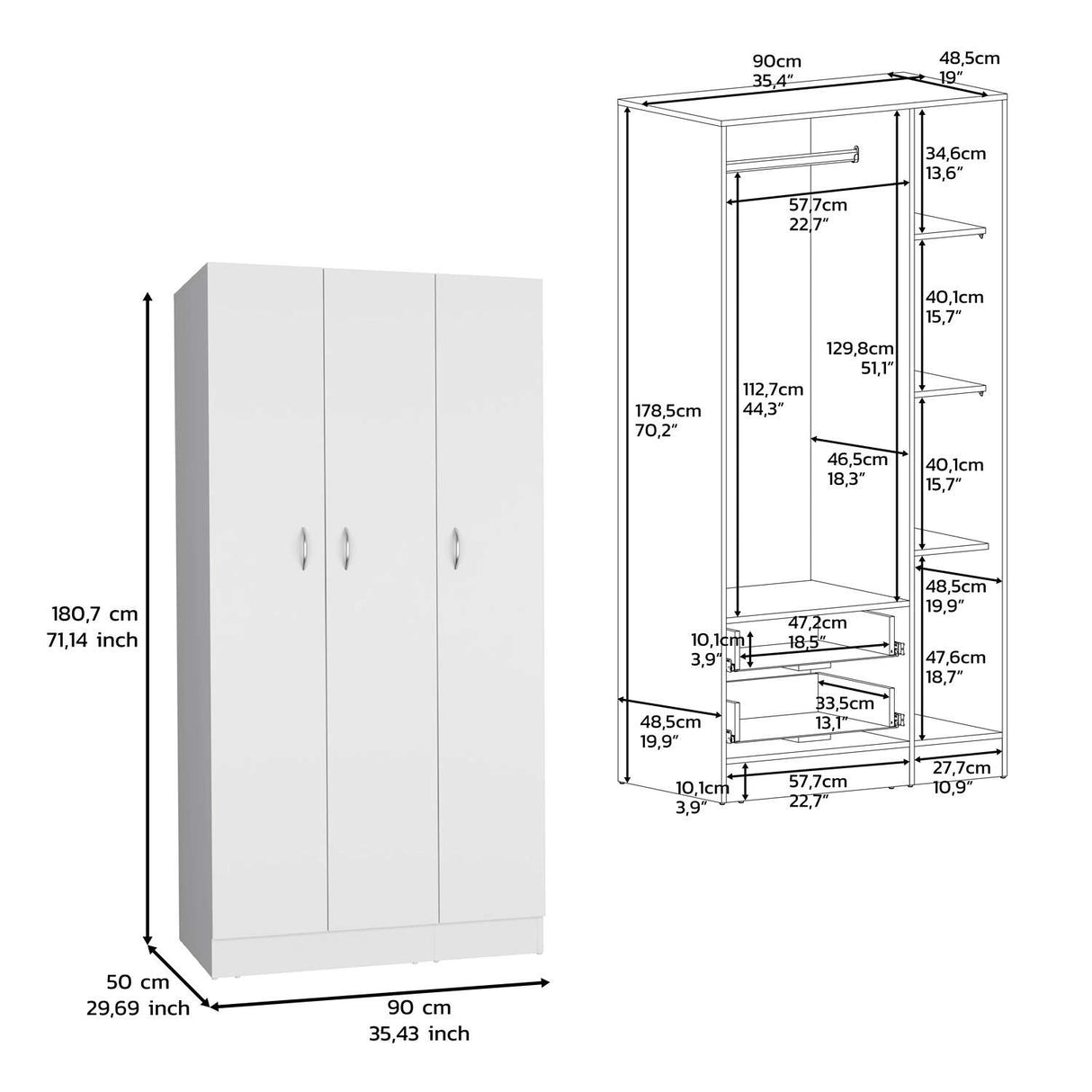 Closet Luna Blanco 90 cm con Tres Puertas y Dos Cajones - Closets | Bylmo