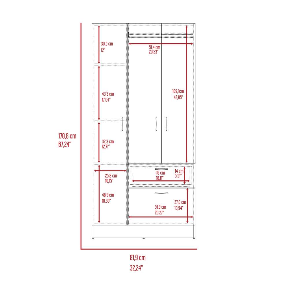 Closet Primavera Wengue 81.9x170.8cm con 2 Cajones con 3 Entrepaños - Closets | Bylmo