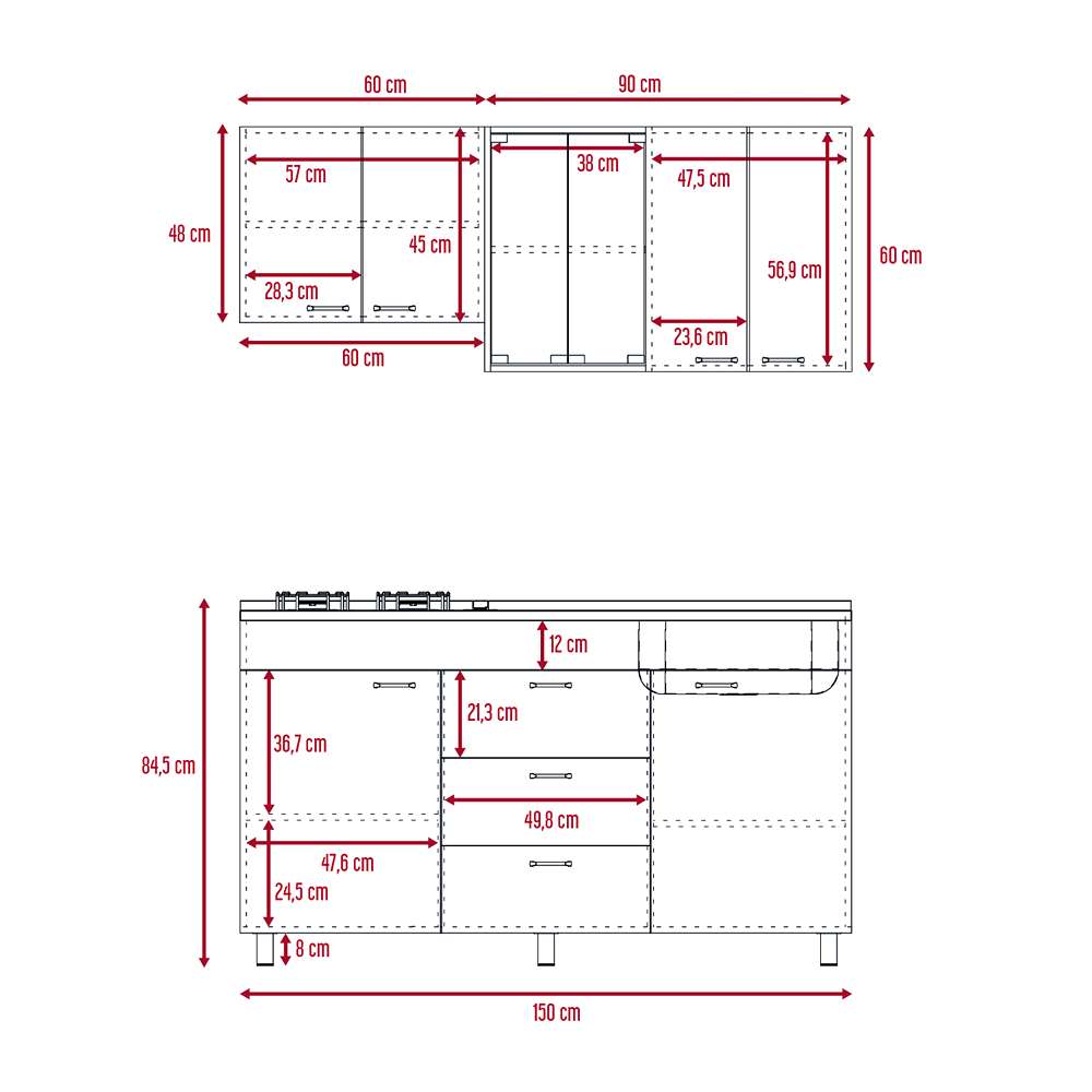 Cocina Lumina Roble Gris 150 cm Derecha con Mesón - Cocinas | Bylmo