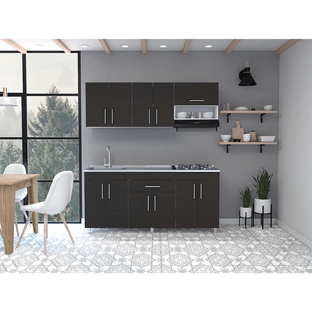 Cocina Mariana Wengue y Blanco 180 cm Izquierda con Mesón - Cocinas | Bylmo