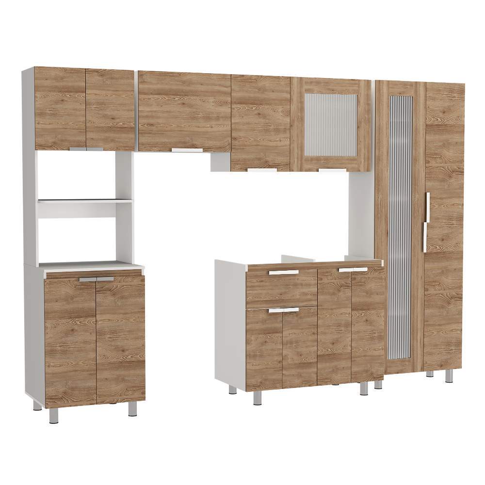 Cocina Samara Blanco y Miel 290x60cm con Mesón de Acero Inoxidable Lado Derecho y sin Estufa - Cocinas | Bylmo
