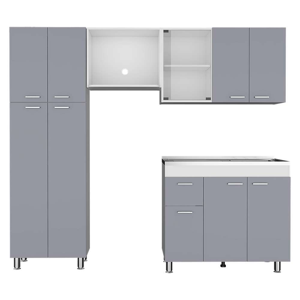 Cocina Ferreti Gris y Blanco 220 cm Derecha con Mesón - Cocinas | Bylmo