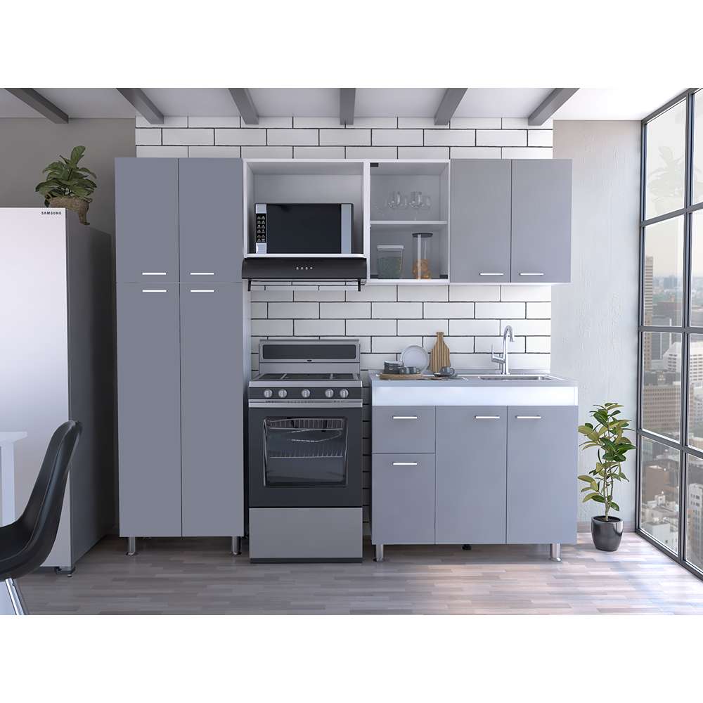 Cocina Ferreti Gris y Blanco 220 cm Derecha con Mesón - Cocinas | Bylmo