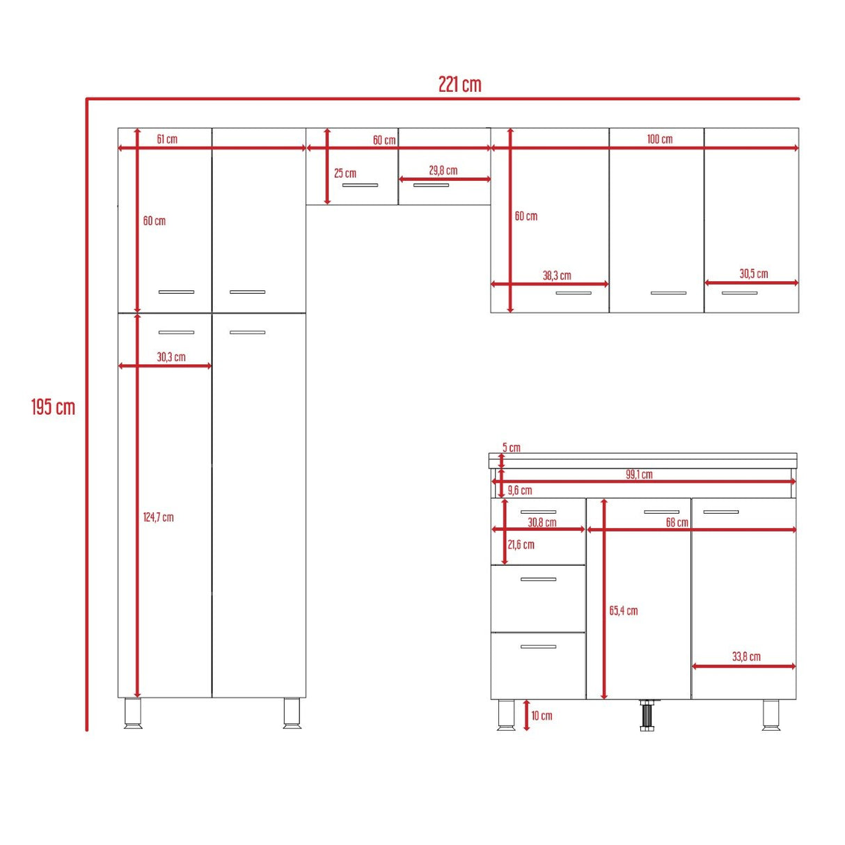 Cocina Ferreti Wengue 220 cm Derecha con Mesón - Cocinas | Bylmo