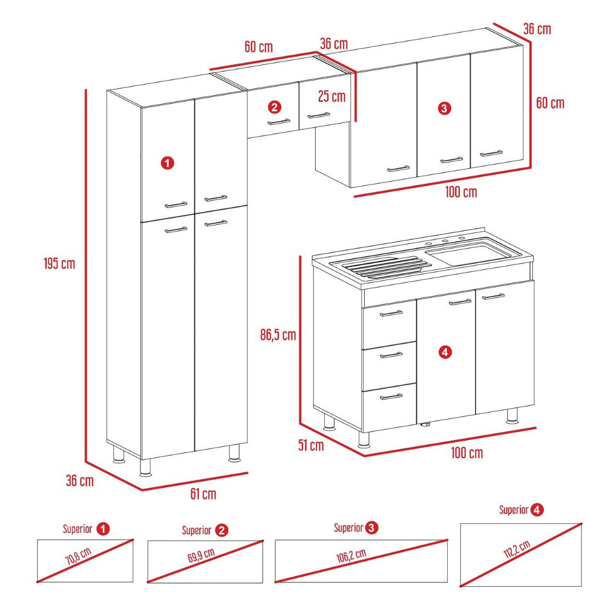 Cocina Ferreti Wengue 220 cm Derecha con Mesón - Cocinas | Bylmo