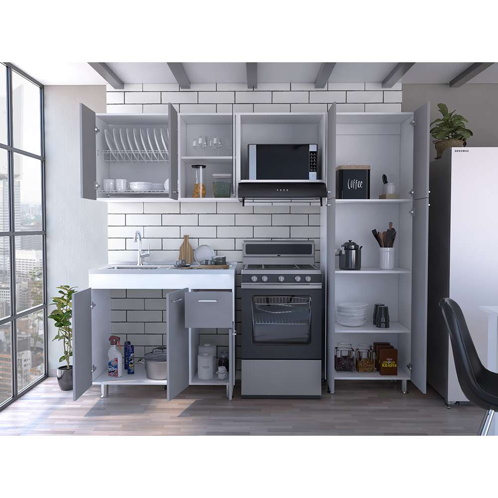 Cocina Ferreti Gris y Blanco 220 cm Izquierda con Mesón - Cocinas | Bylmo