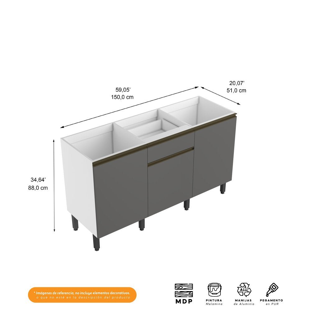 Cocina Integral Santiago Grafito y Blanco 150 cm - Cocinas | Bylmo