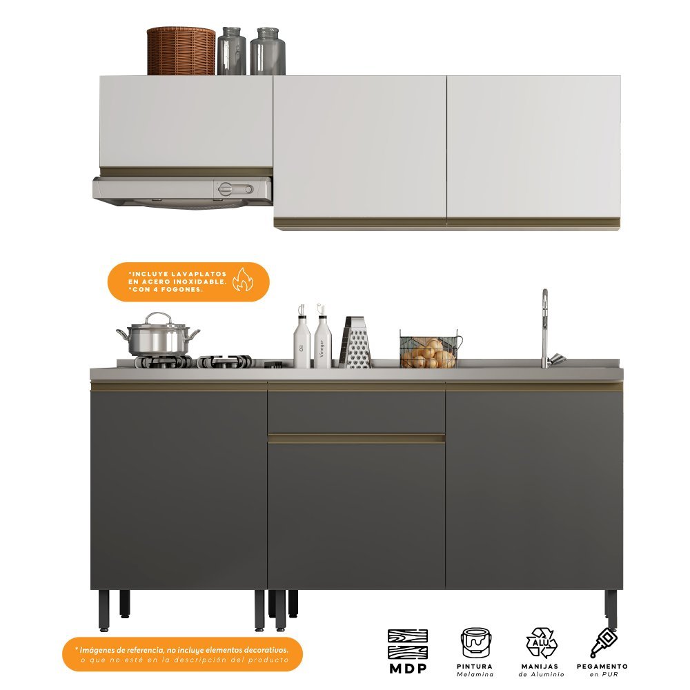 Cocina Integral Santiago Grafito y Blanco 180 cm Derecha con Mesón - Cocinas | Bylmo