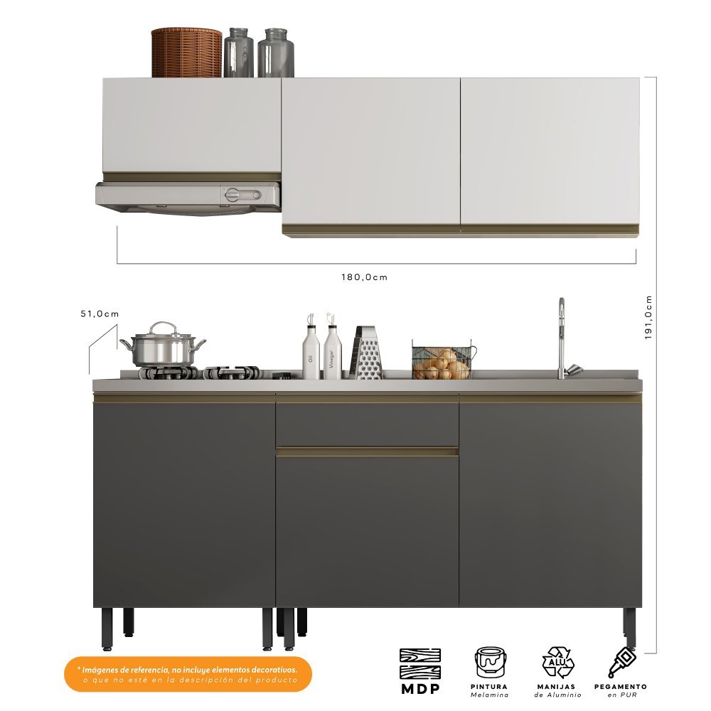 Cocina Integral Santiago Grafito y Blanco 180 cm Derecha con Mesón - Cocinas | Bylmo
