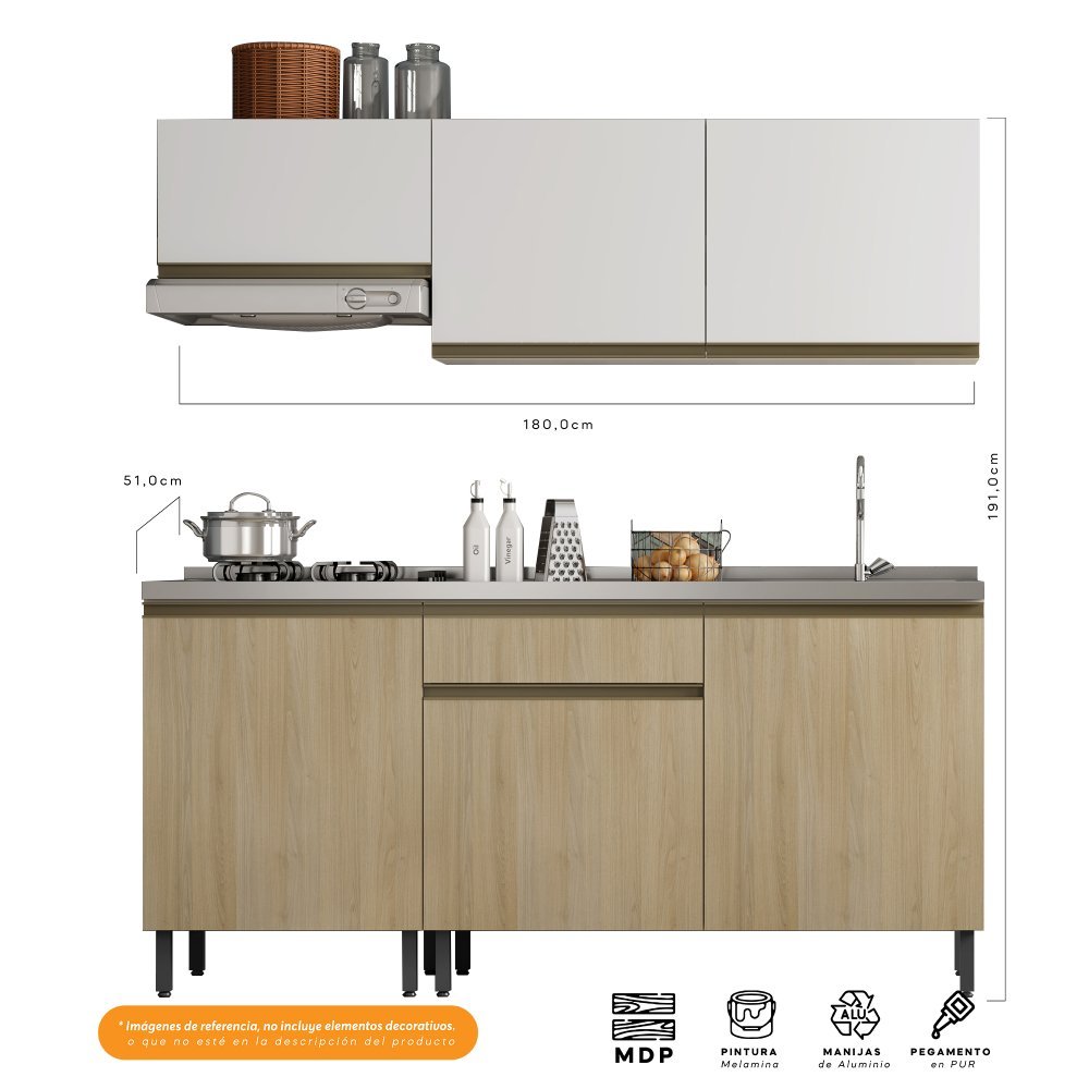 Cocina Integral Santiago Macadamia y Blanco 180 cm Derecha con Mesón - Cocinas | Bylmo