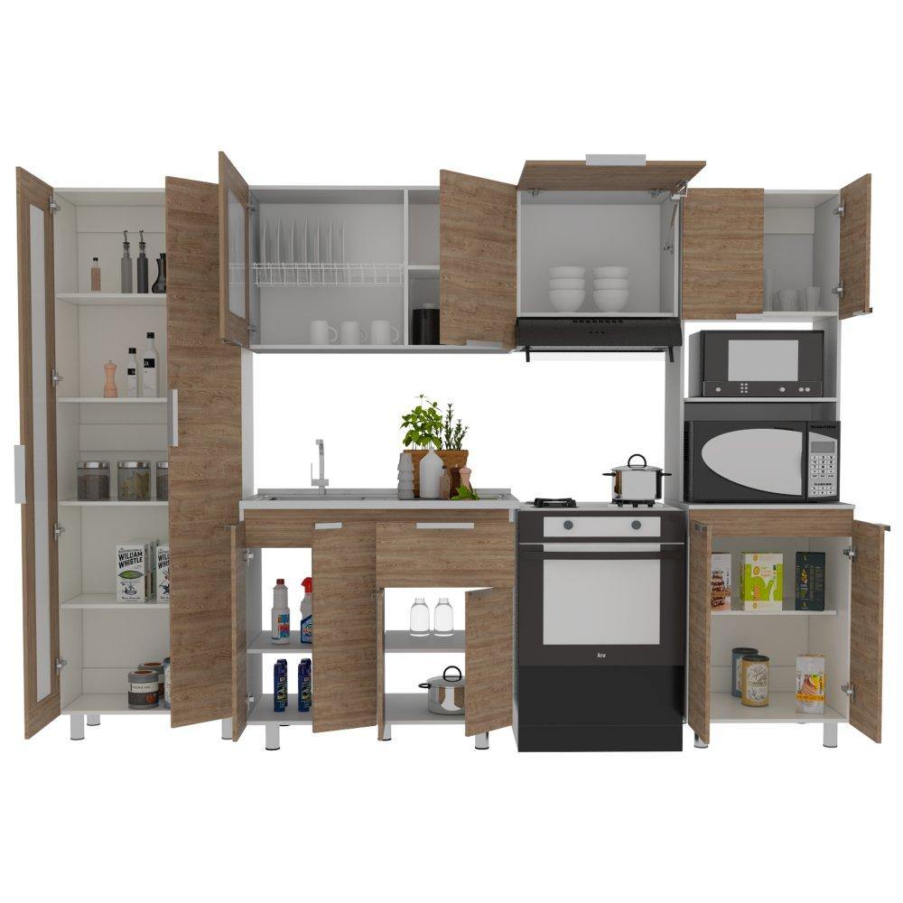 Cocina Samara Blanco y Miel 205x60cm con Mesón de Acero Inoxidable Lado Izquierdo y sin Estufa - Cocinas | Bylmo