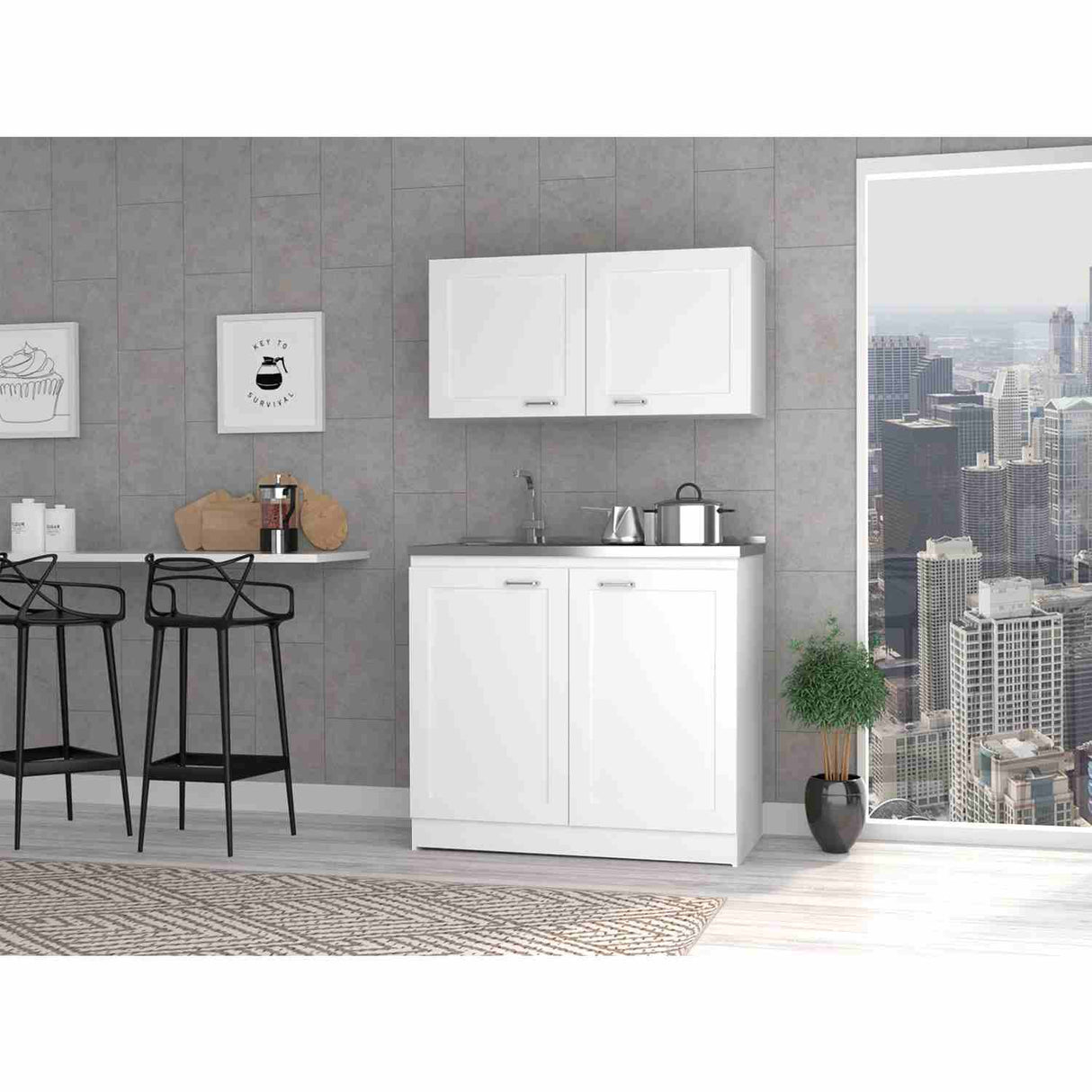 Cocina Zurich Blanco 100 cm con Mesón de Acero y Cuatro Puertas Abatibles - Combos Cocina | Bylmo
