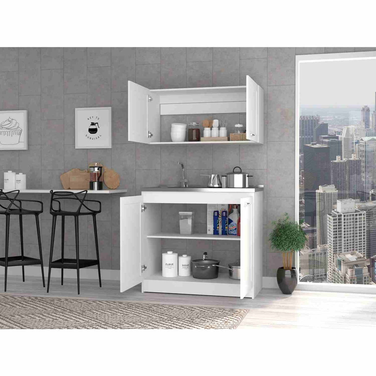 Cocina Zurich Blanco 100 cm con Mesón de Acero y Cuatro Puertas Abatibles - Combos Cocina | Bylmo