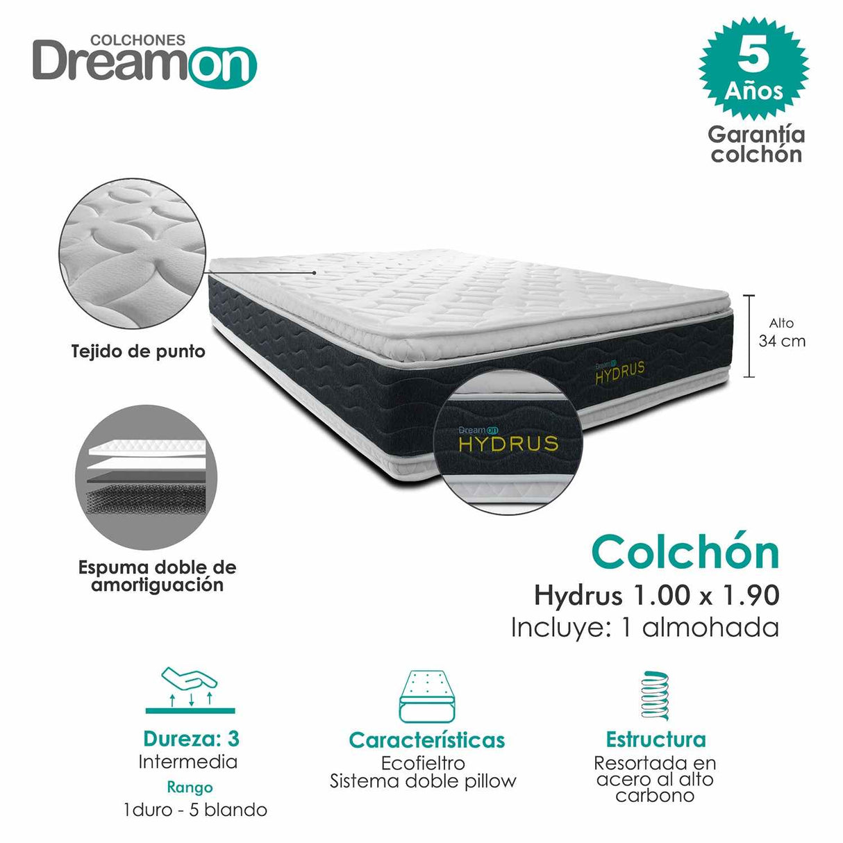 Combo Colchón Hydrus Blanco Sencillo 100 X 190 Cm Medio e Hipoalergénico - Colchones | Bylmo