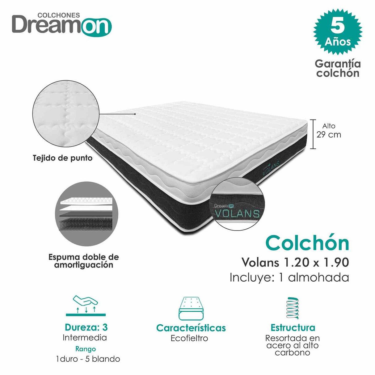 Combo Colchón Volans Blanco Semidoble 120 X 190 Cm Medio e Hipoalergénico - Colchones | Bylmo