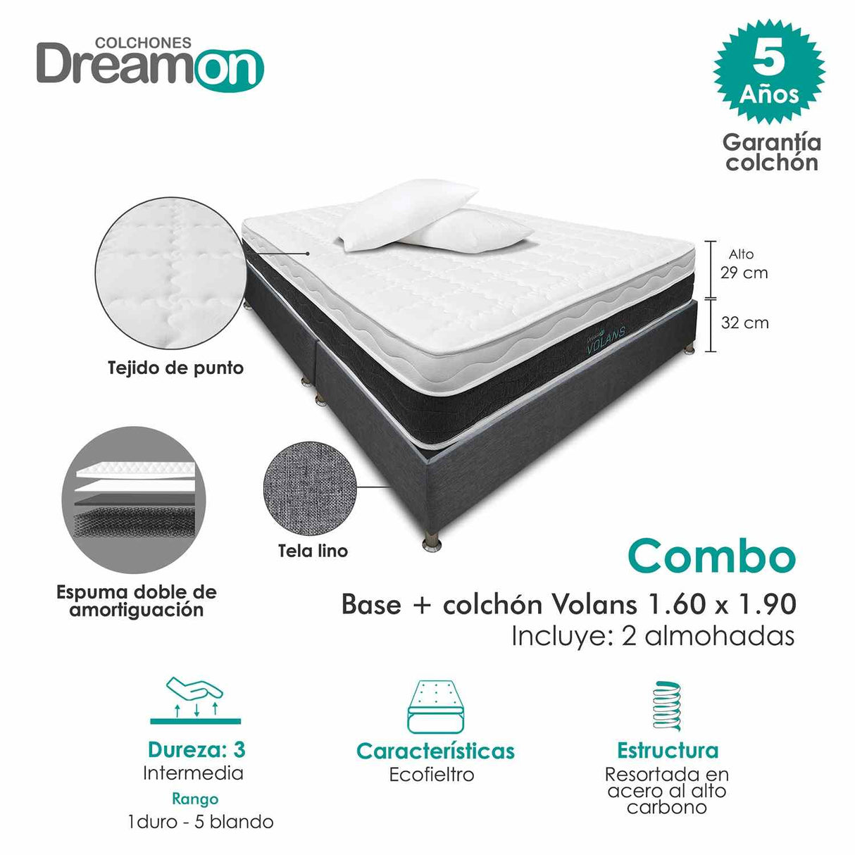 Combo Base Cama y Colchón DreamOn Volans Gris Queen 160 cm Rectangular con Dos Almohadas - Combos Habitacion | Bylmo