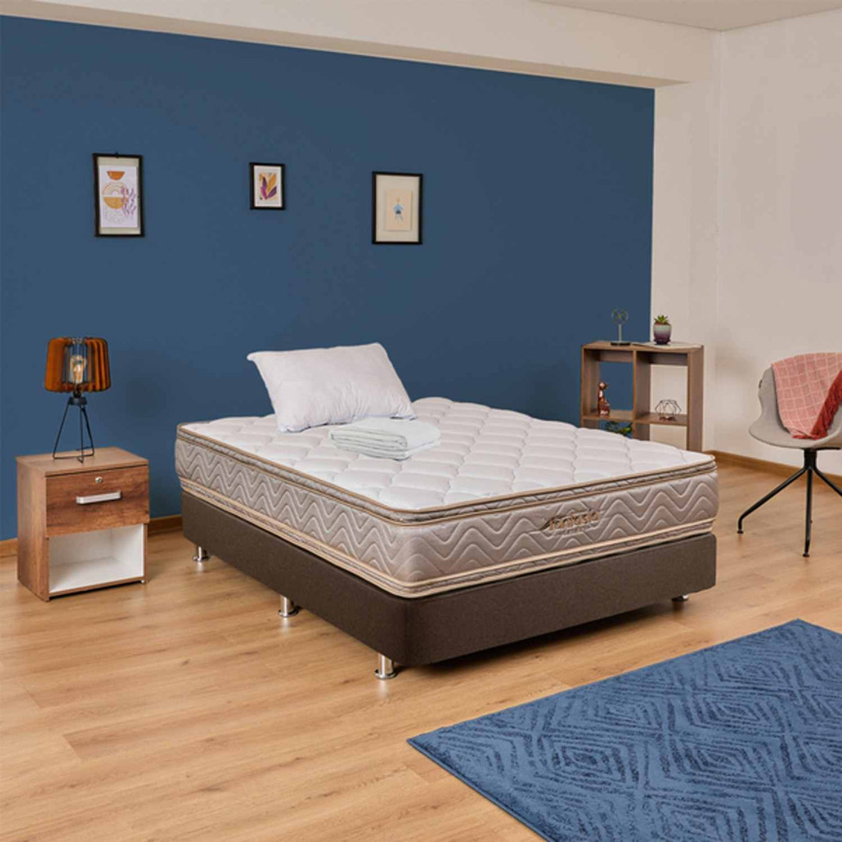 Combo Base Cama y Colchón Galaxy Beige y Plata Semidoble 120 cm con Una Almohada y Protector - Combos Habitacion | Bylmo