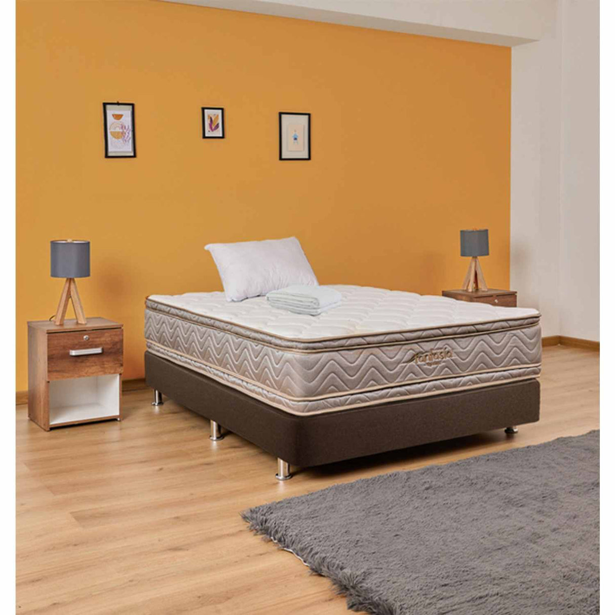 Combo Base Cama y Colchón Optims Beige y Plata Sencilla 100 cm con Una Almohada y Protector - Combos Habitacion | Bylmo