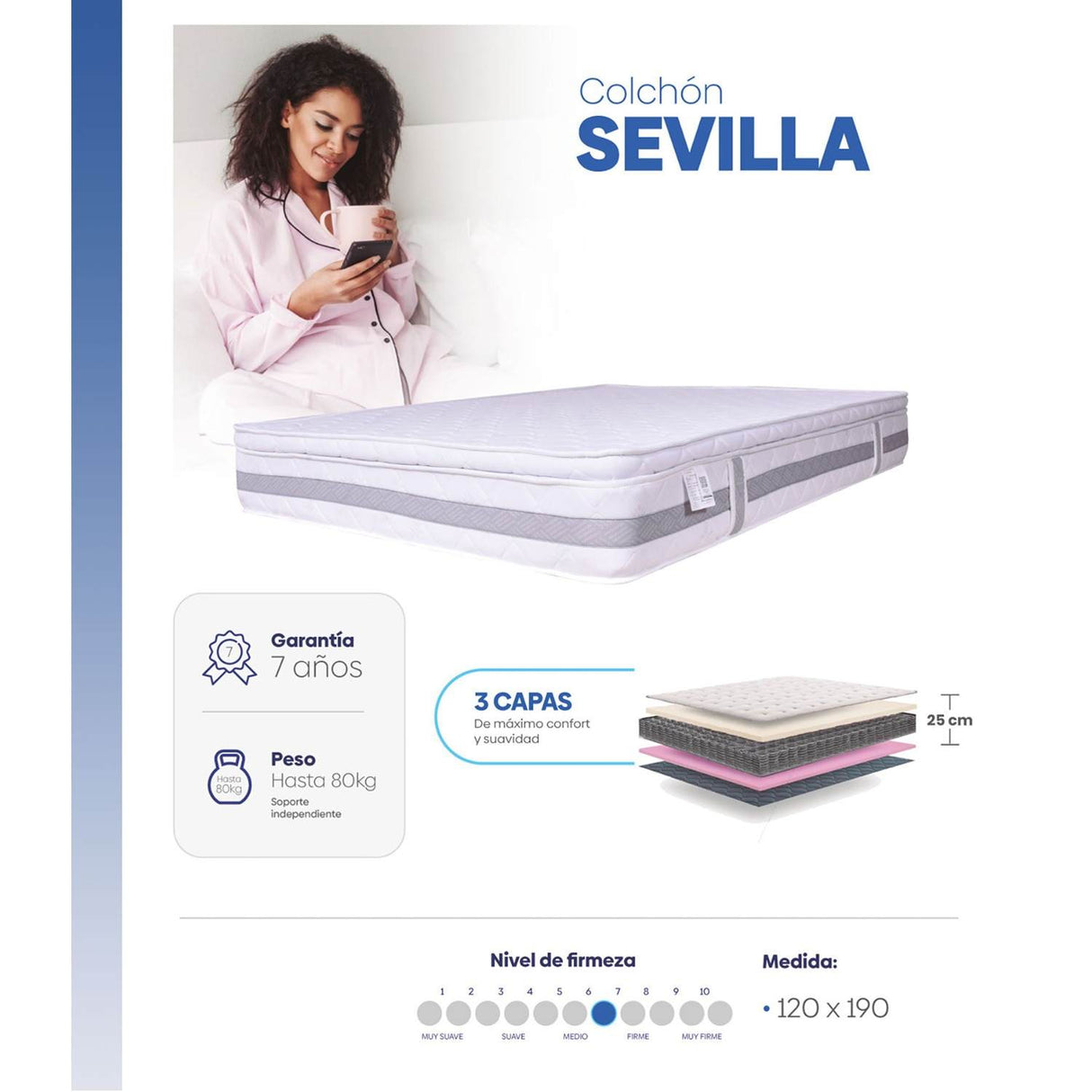 Combo Base Cama y Colchón Sevilla Blanco Semidoble 120 cm Firmeza Medio - Combos Habitacion | Bylmo