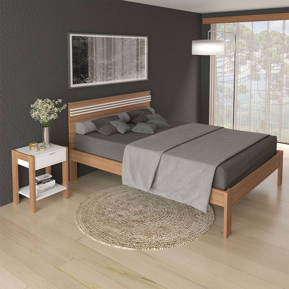 Combo Cama y Mesa de Noche Kaia Doble 140 cm Almendra y Blanco - Camas | Bylmo