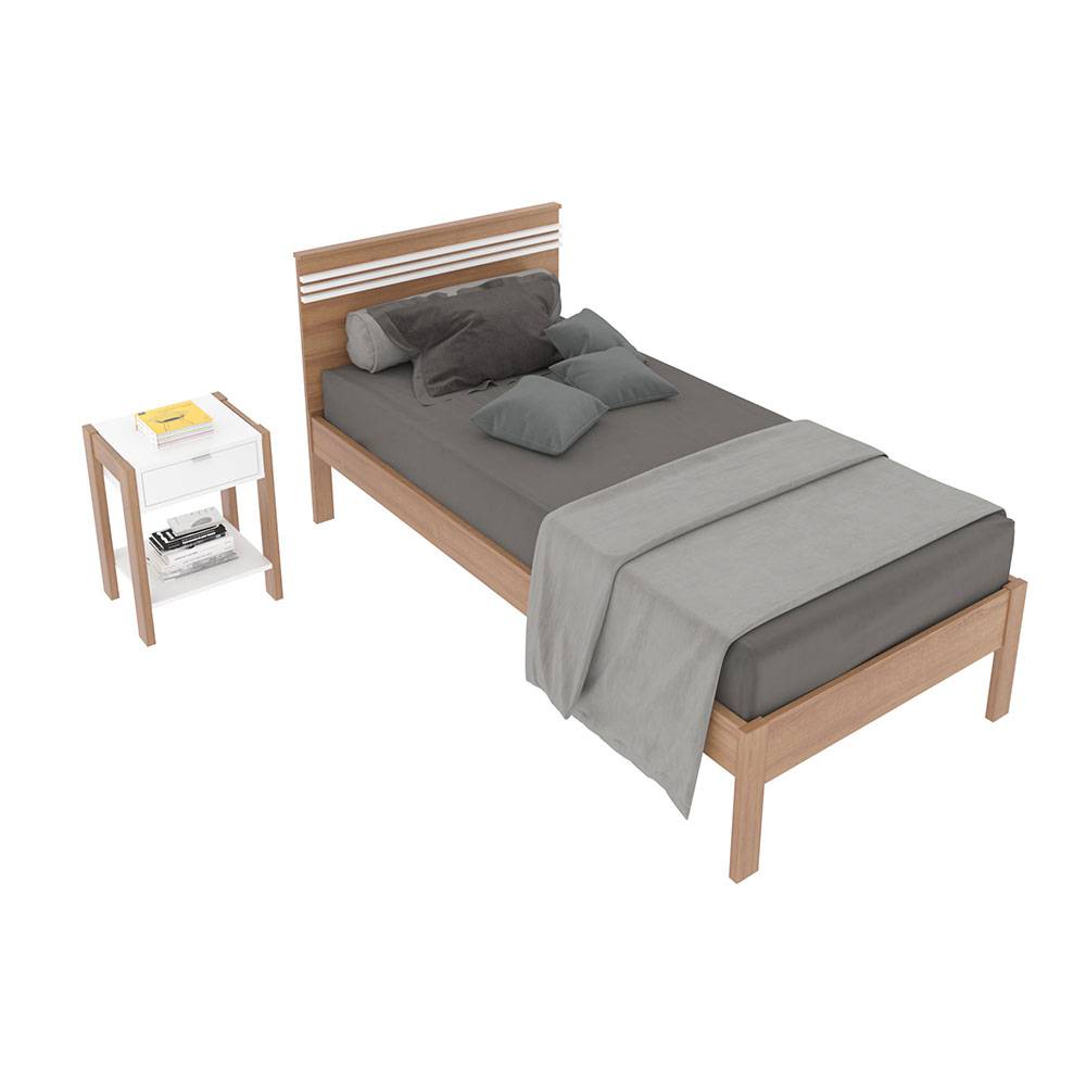 Combo Cama y Mesa de Noche Kaia Sencilla 90 cm Almendra y Blanco - Camas | Bylmo