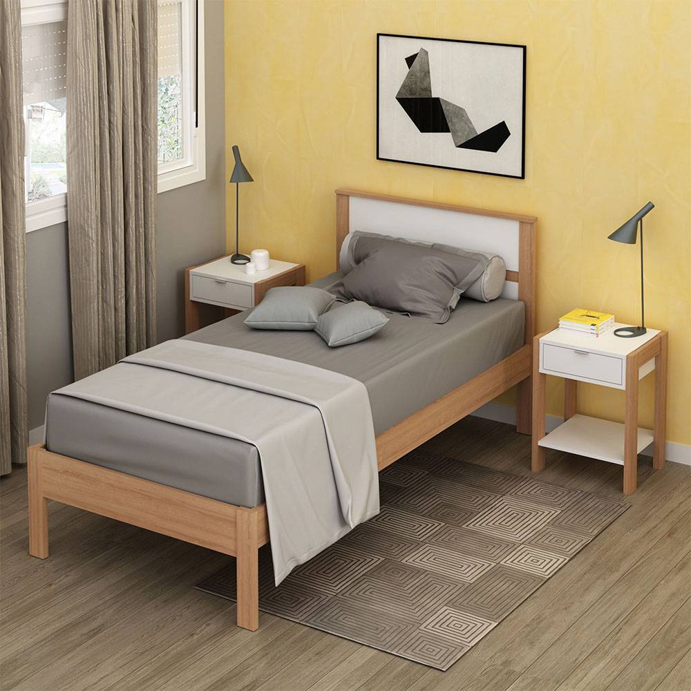 Combo Cama y Mesas de Noche Viena Sencilla 90 cm Almendra y Blanco - Camas | Bylmo