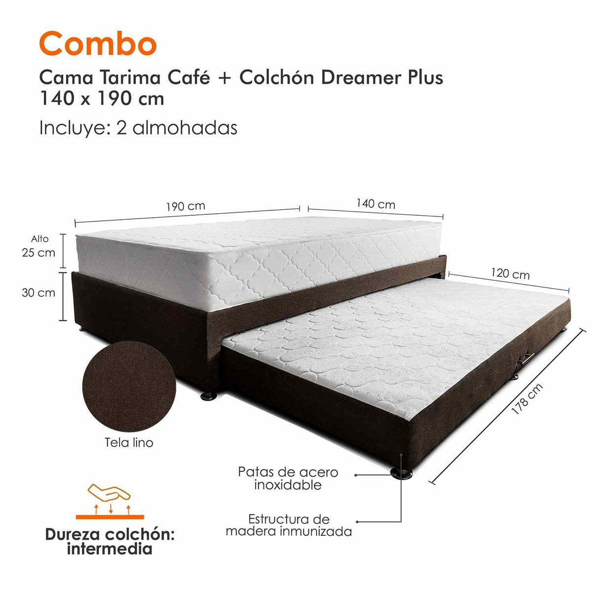 Combo Cama Tarima y Colchón Dreamer Café Doble 140 cm Rectangular con Dos Almohadas - Combos Habitacion | Bylmo