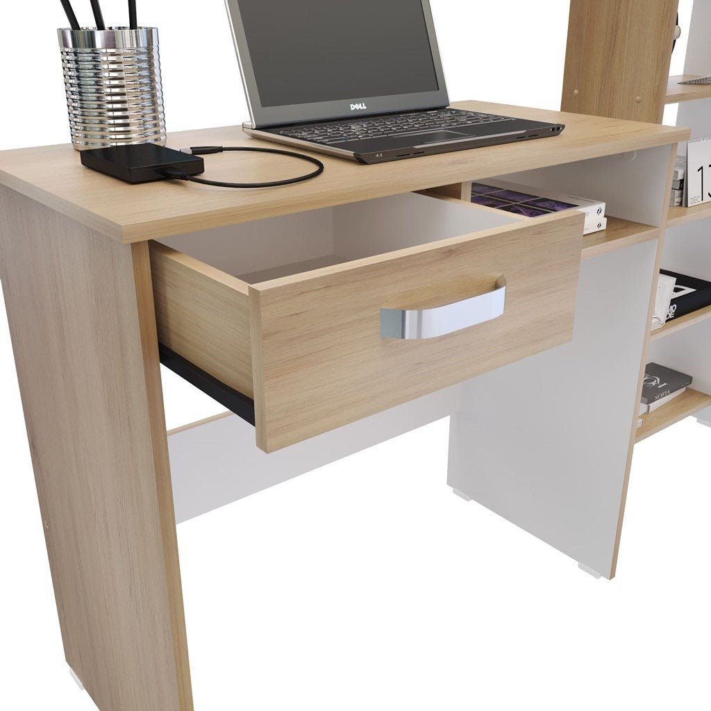 Combo Escritorio y Biblioteca Rovere y Blanco 40x100.8cm Con Un Cajón y con Organizador de Libros - Escritorios y Archivadores | Bylmo