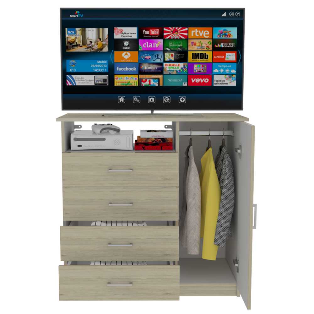 Cómoda Z 91 Rovere y Blanco 91x88.6cm De Cuatro Hileras con Cuatro Cajones y con Espacio para TV - Cajoneras | Bylmo