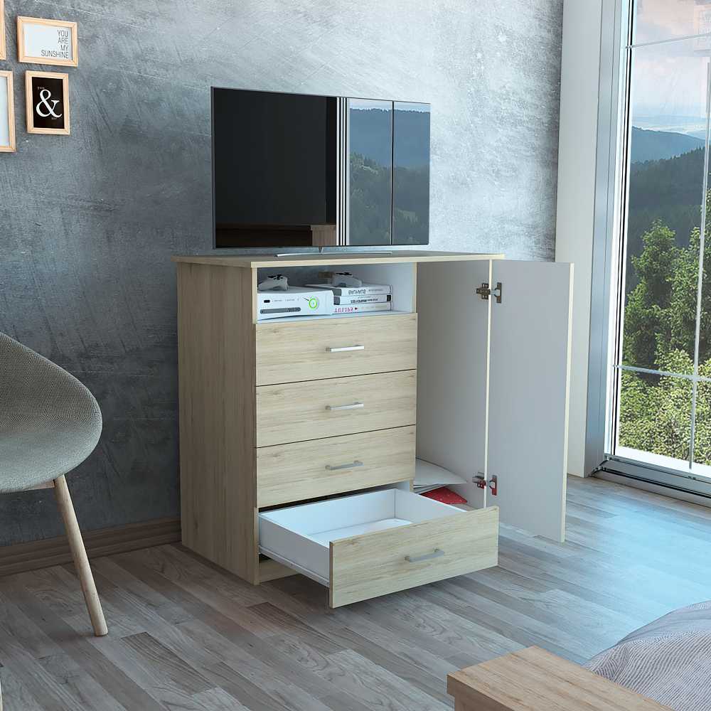 Cómoda Z 91 Rovere y Blanco 91x88.6cm De Cuatro Hileras con Cuatro Cajones y con Espacio para TV - Cajoneras | Bylmo