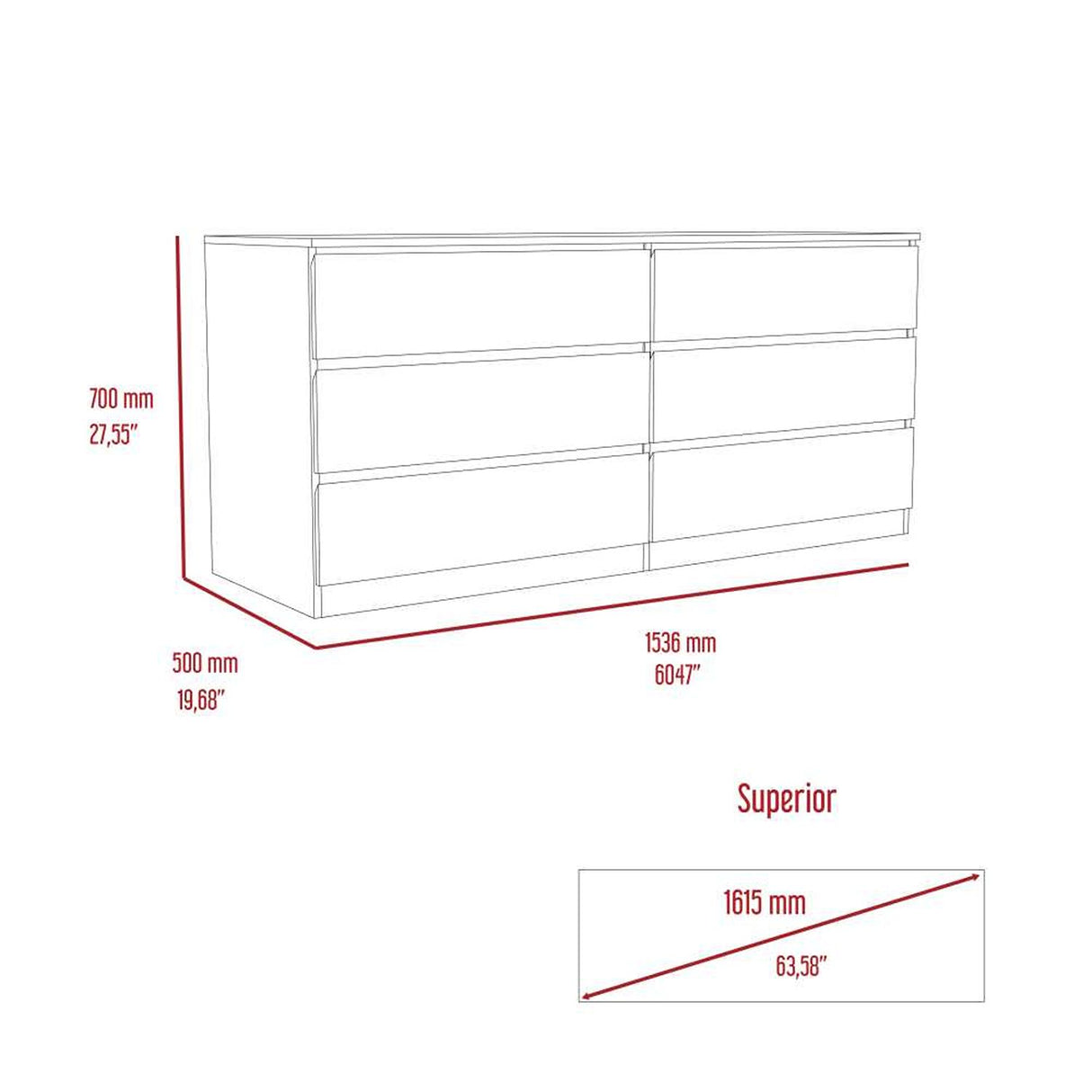 Cómoda Asteria Blanco 153.6x71.8cm De Tres Hileras con Tres Cajones - Cajoneras | Bylmo