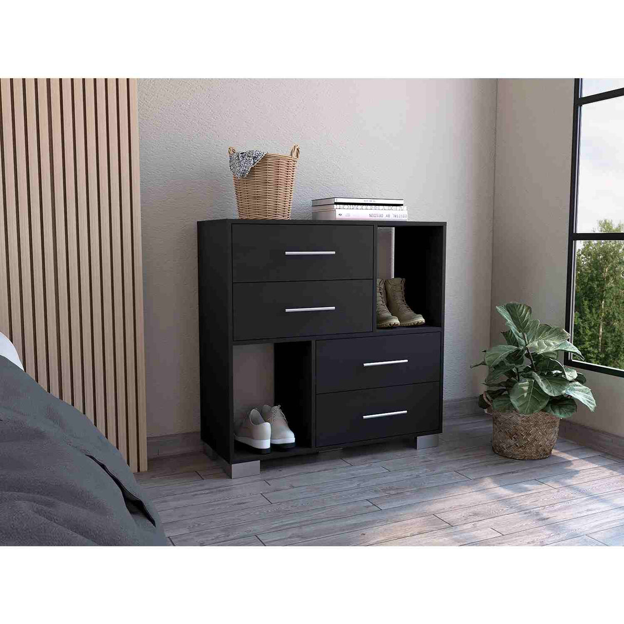 Cómoda Eleganza Wengue 90 cm con Cuatro Cajones y Entrepaños - Cajoneras y Comodas | Bylmo