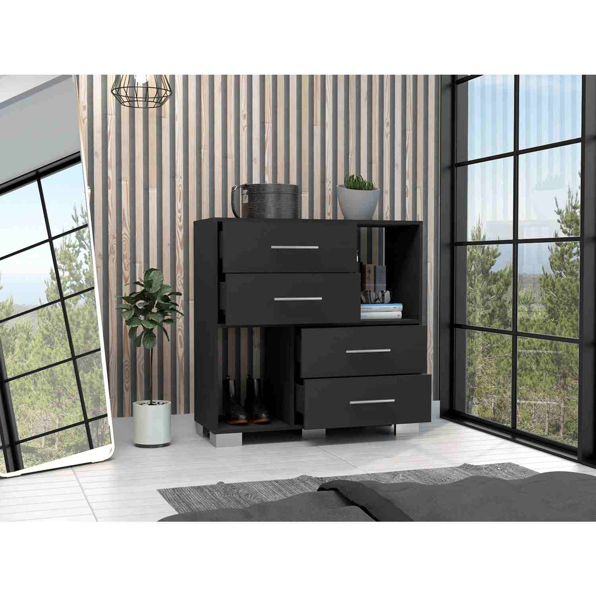 Cómoda Eleganza Wengue 90 cm con Cuatro Cajones y Entrepaños - Cajoneras y Comodas | Bylmo