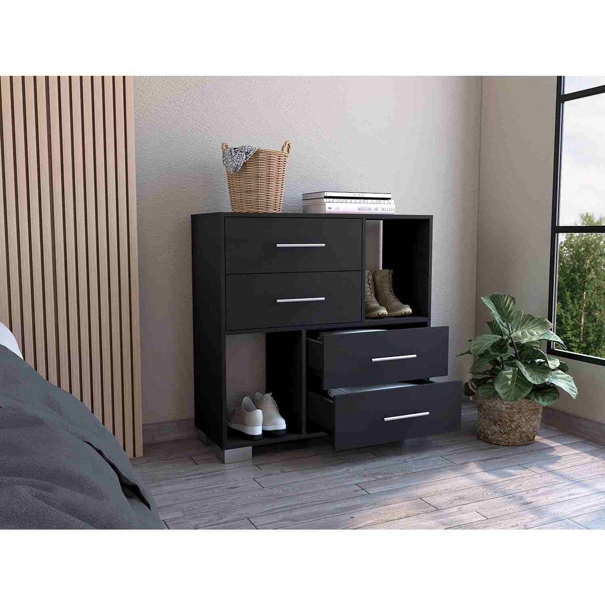 Cómoda Eleganza Wengue 90 cm con Cuatro Cajones y Entrepaños - Cajoneras y Comodas | Bylmo