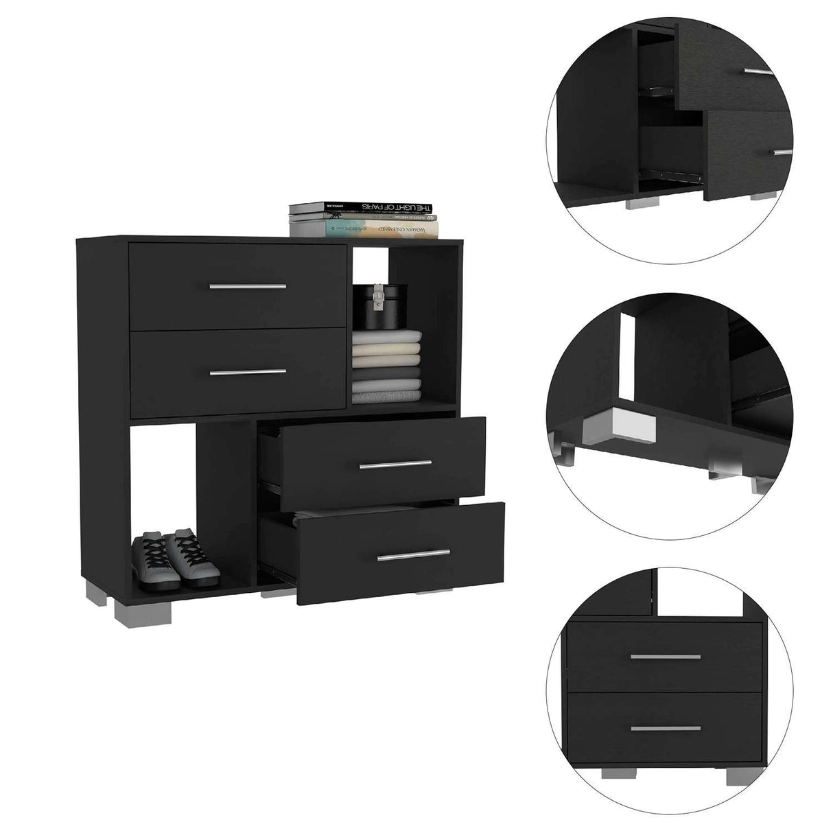 Cómoda Eleganza Wengue 90 cm con Cuatro Cajones y Entrepaños - Cajoneras y Comodas | Bylmo