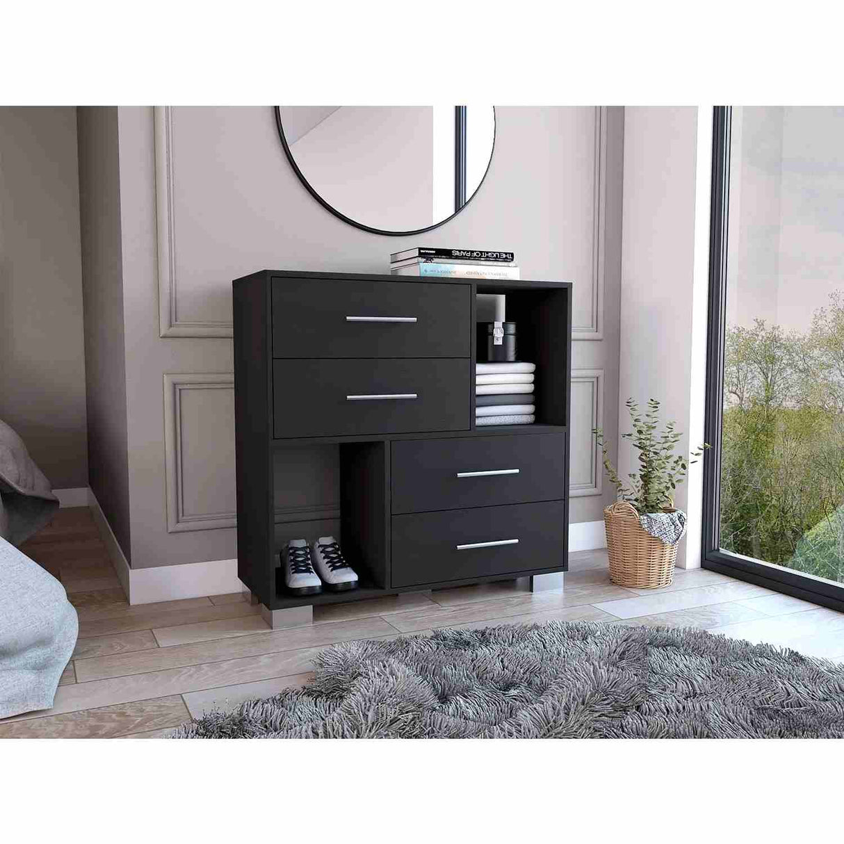 Cómoda Eleganza Wengue 90 cm con Cuatro Cajones y Entrepaños - Cajoneras y Comodas | Bylmo