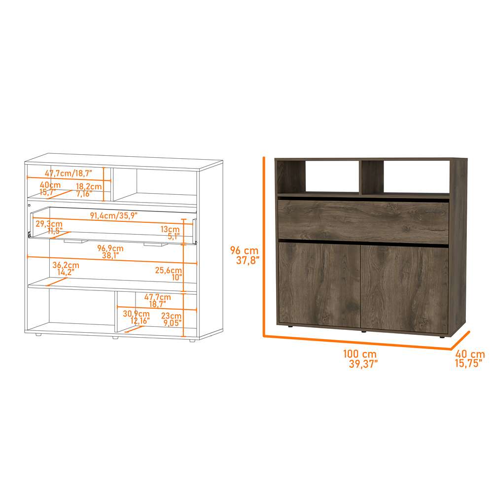 Cómoda Galanto Bellota y Wengue 100 cm con Un Cajón y Dos Puertas - Cajoneras | Bylmo