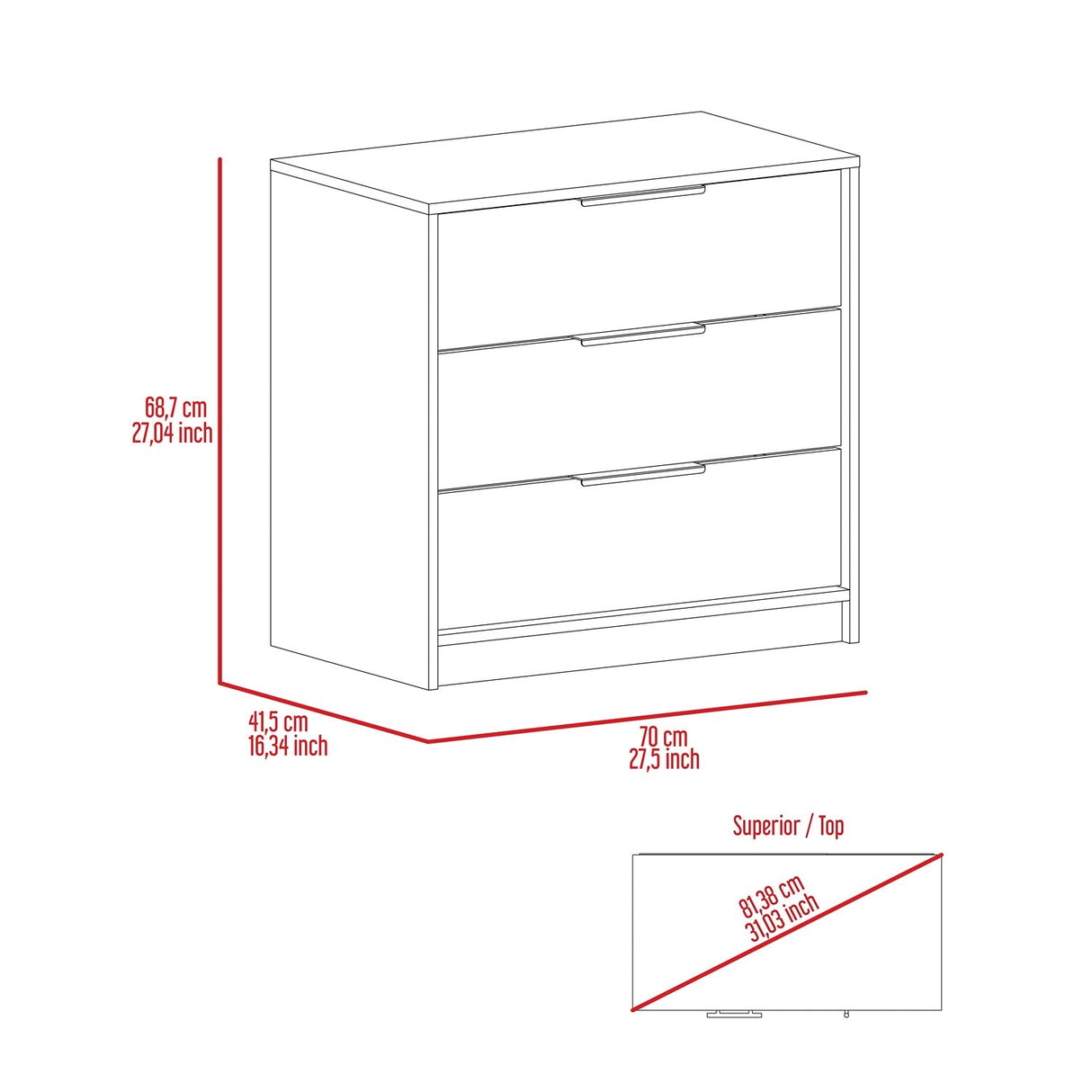 Cómoda Kaia Ceniza 70x69cm De Tres Hileras con Tres Cajones - Cajoneras y Comodas | Bylmo