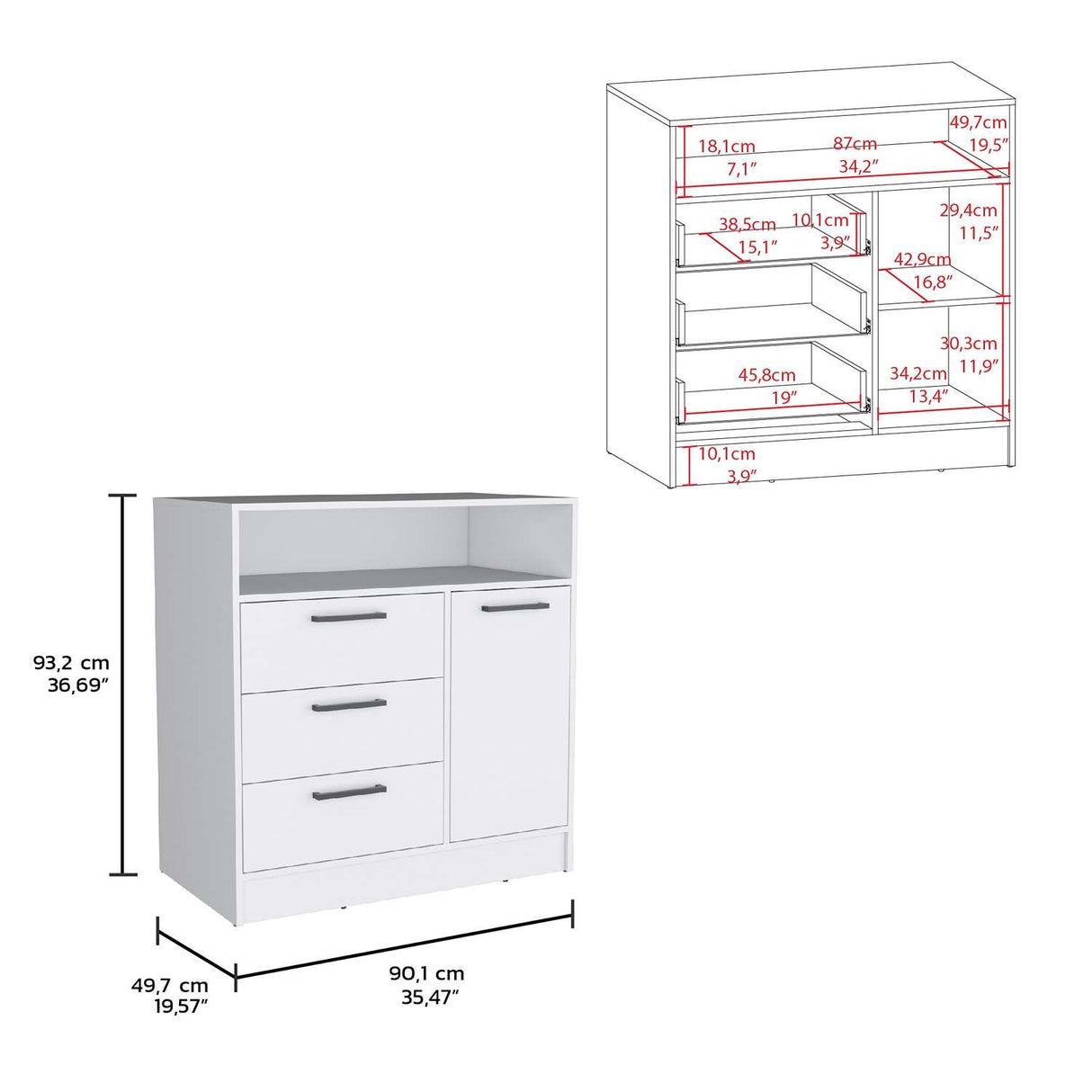 Cómoda Omaha Blanco 90x93cm De Tres Hileras con Tres Cajones - Cajoneras y Comodas | Bylmo