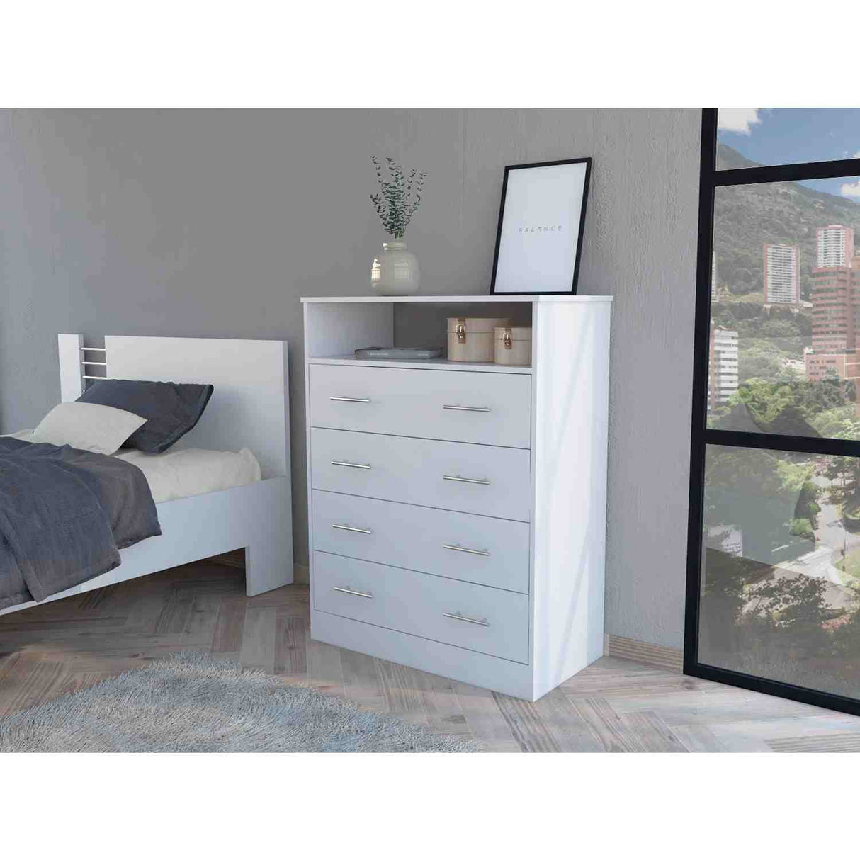 Cómoda Peru Blanco 84x110cm De Cuatro Hileras con Cuatro Cajones - Cajoneras y Comodas | Bylmo