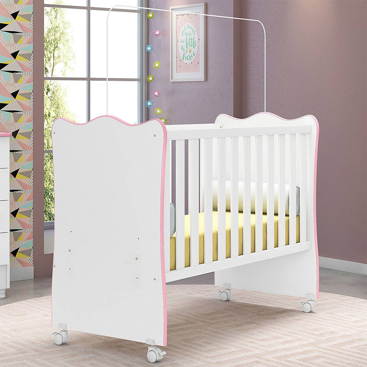 Cuna Rosario Blanco y Rosado 133.5x97.8cm para Colchón Infantil 60 X 130 Cm con Cabecero - Camas y Cabeceros | Bylmo